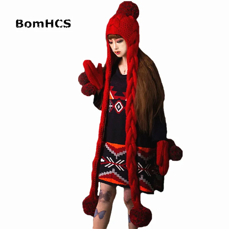 BomHCS Red Beanie with Scarf + Gloves (2PCS SUIT) Cute Women Winter Warm Handmade Knit Hat Caps