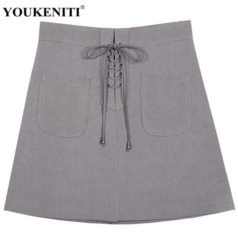 Youkeniti Новый осень-зима модные Юбки для женщин Для Кружево-Up карман лоскутное