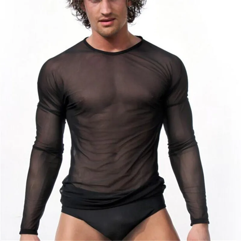 Мужские модные топы сексуальные футболки с длинными рукавами из газовой ткани