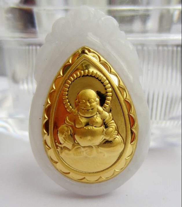 Чистое 24-каратное желтое золото 100% натуральный/жадеит подвеска в виде смеха