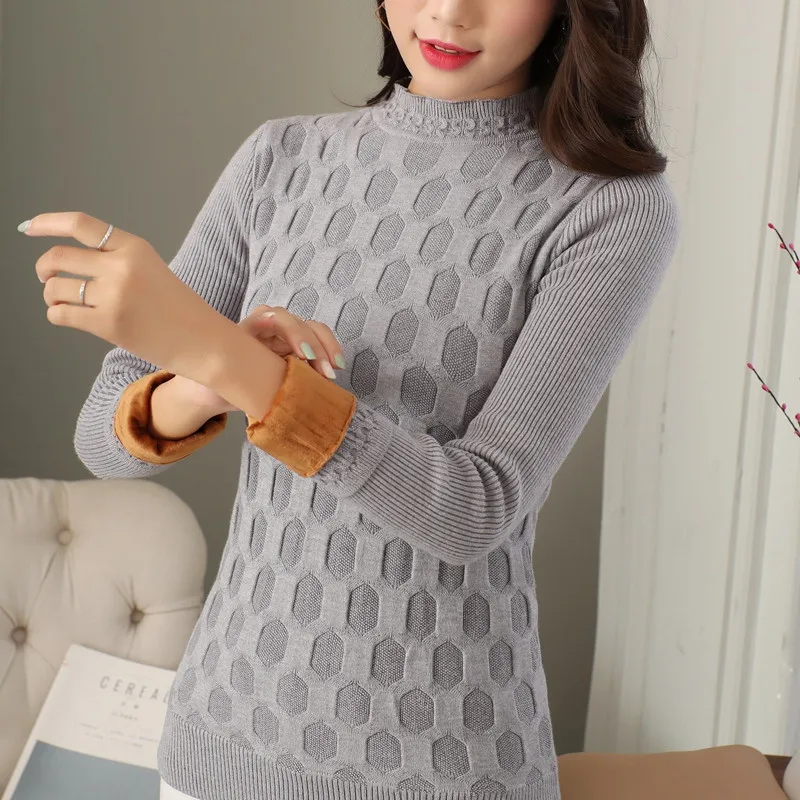 WKOUD Winter Knitted Pullovers 2018 Solid Turtleneck Sweater Thickening Fleeces Women Long Sleeve Stretch Knitwear Jumper M8231 | Женская