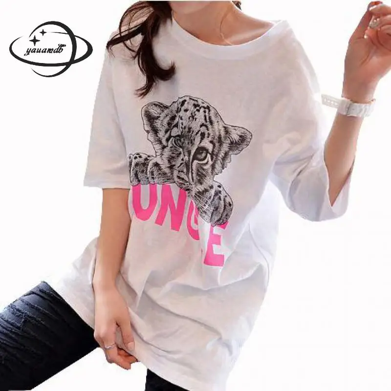 

Yauamdb Women T Shirt 2018 Summer Size S-3xl Female Leopard Print Half Sleeve O-neck Tee Ladies Solid Color Loose Long Tops Y39