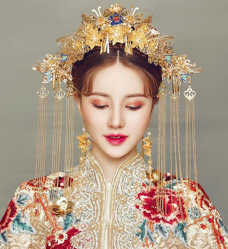 HIMSTORY Elegance Chinese Vintage Wedding Bridal Hair Accessory Traditional Gold Color Flower Bride Hair Combs Tiaras Hairwear