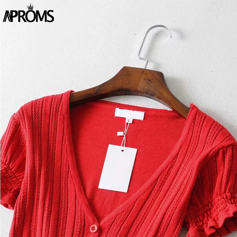 Aproms, элегантная, v-образная горловина, ребристая, Вязанная, укороченная блузка, рубашка, женская, с оборками, короткий рукав, кардиган с пуговицами, женский, облегающий, кроп-топ