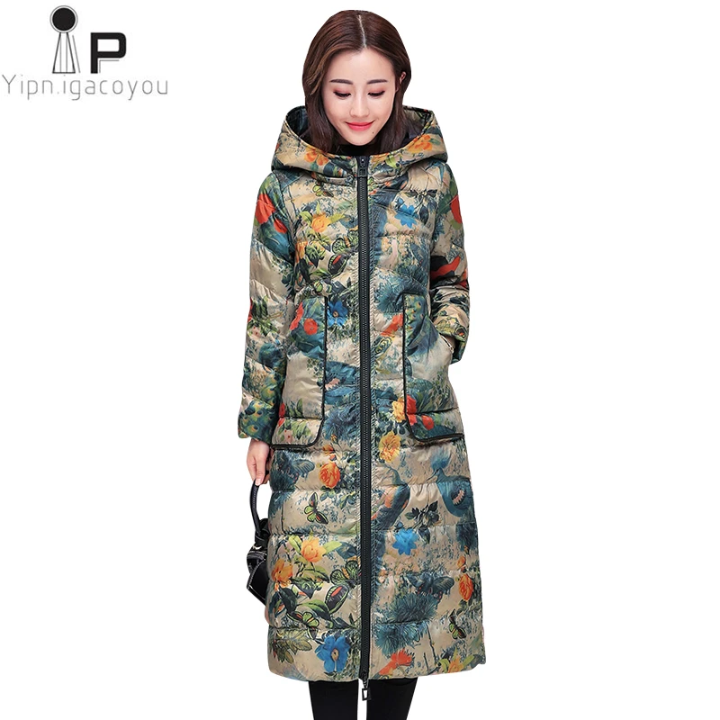 

Женский длинный пуховик с капюшоном, куртка на утином пуху с принтом в Корейском стиле, теплая парка, верхняя одежда для осени и зимы