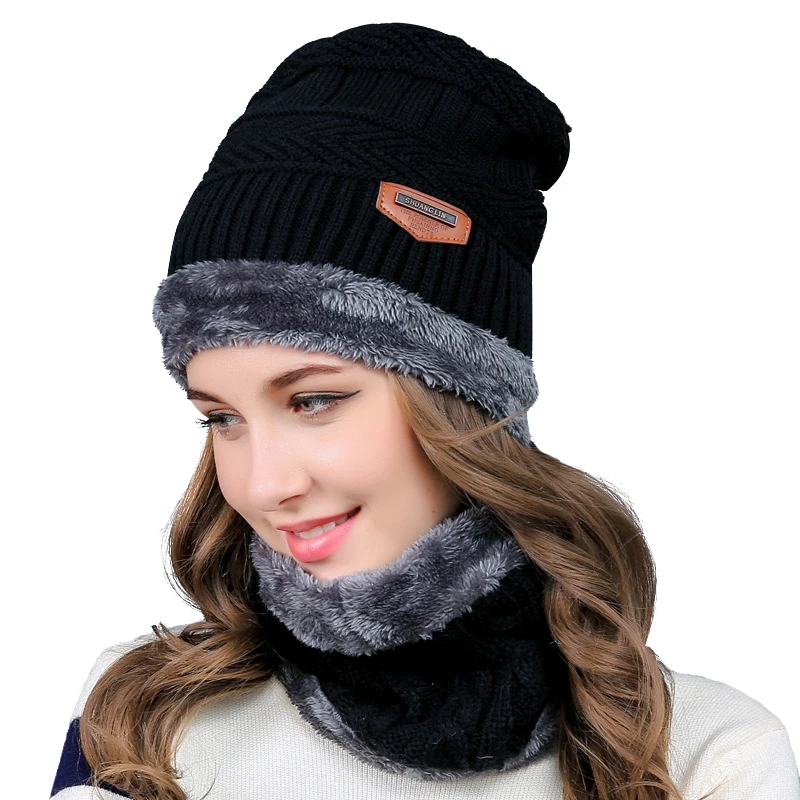 

Winter Hats Scarves Set Knitted Beanies Men&Women Winter Thicker Hats Caps Black Bonnet Beanie Casual Scarf Neck Warmer