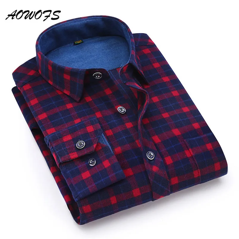 AOWOFS 2017 Зима рубашки для мальчиков мужчин мягкие фланелевые в клетку Regular Fit