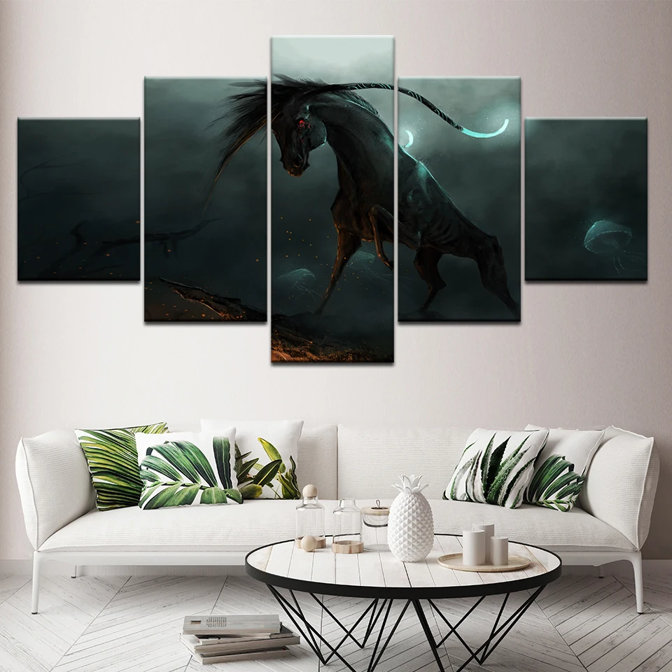 Картина на холсте дикая лошадь ночью 5 шт. Настенная картина модульные обои