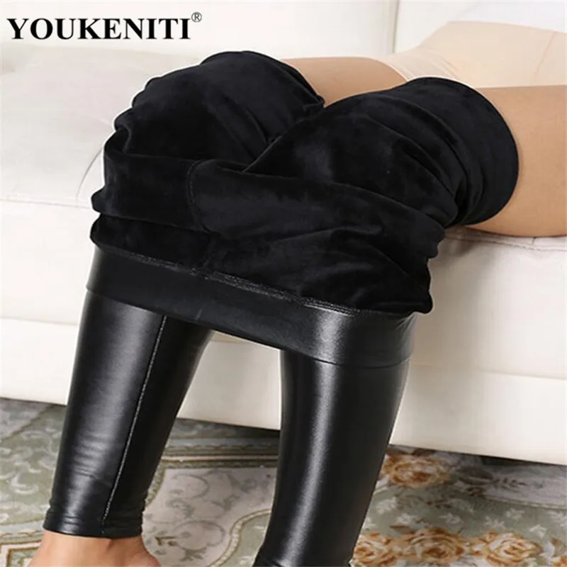 YOUKENITI 2017 Autumn Winter Thick PU Leather Stirrup Legging Plus Cashmere Size Skinny Elastic Fitness Leggings For Women |