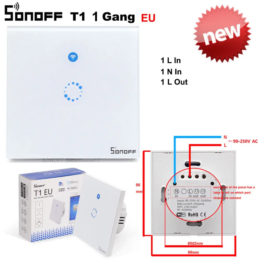 sonoff T1 EU 1AGNG Sonoff T1 сенсорный Умный Переключатель ЕС WiFi и RF 86 Тип умный настенный сенсорный выключатель света дистанционное управление Умный дом Модуль Автоматизации - Комплект: sonoff T1 EU 1AGNG