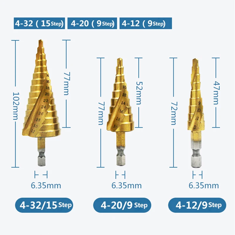 Hss титановые спиральные рифленые ступенчатые сверла 4-12/4-20/4-32 мм ступенчатые конусные режущие инструменты стальные деревообрабатывающие металлические сверла