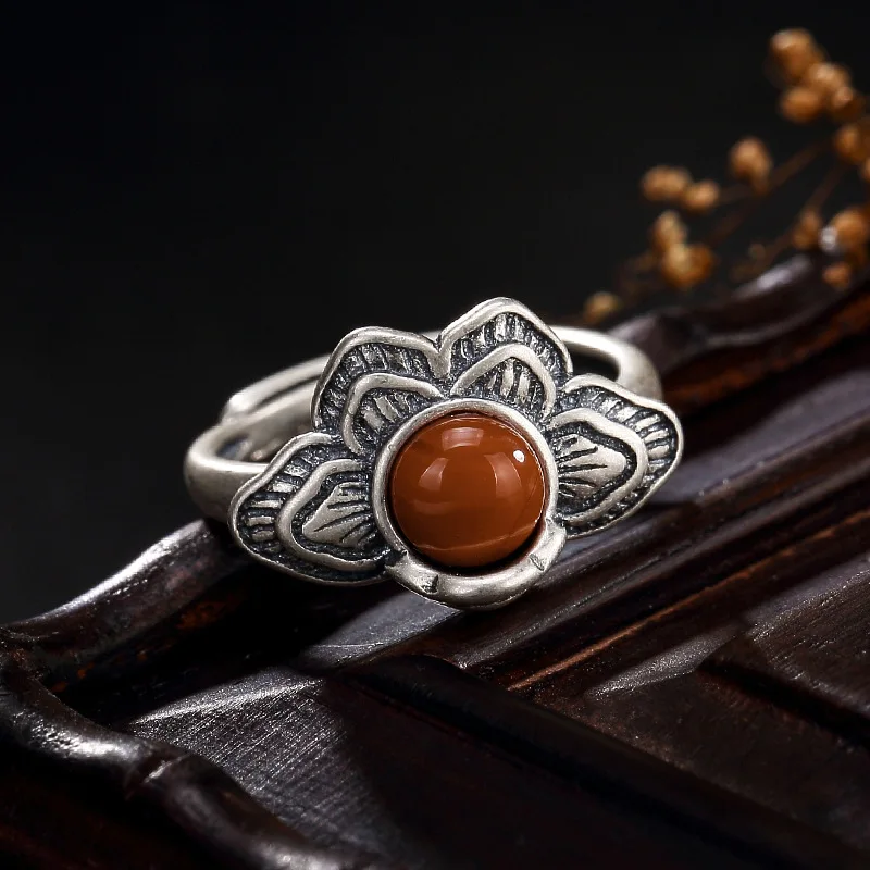 

Fashion Silver S925 Sterling Silver Antique Matte Make Old Mosaic South Red Peony Female High-end Open Ring Ring Wholesale
