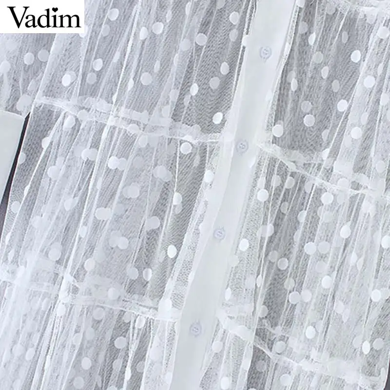 Женское Прозрачное платье-рубашка Vadim средней длины в горошек с длинным рукавом