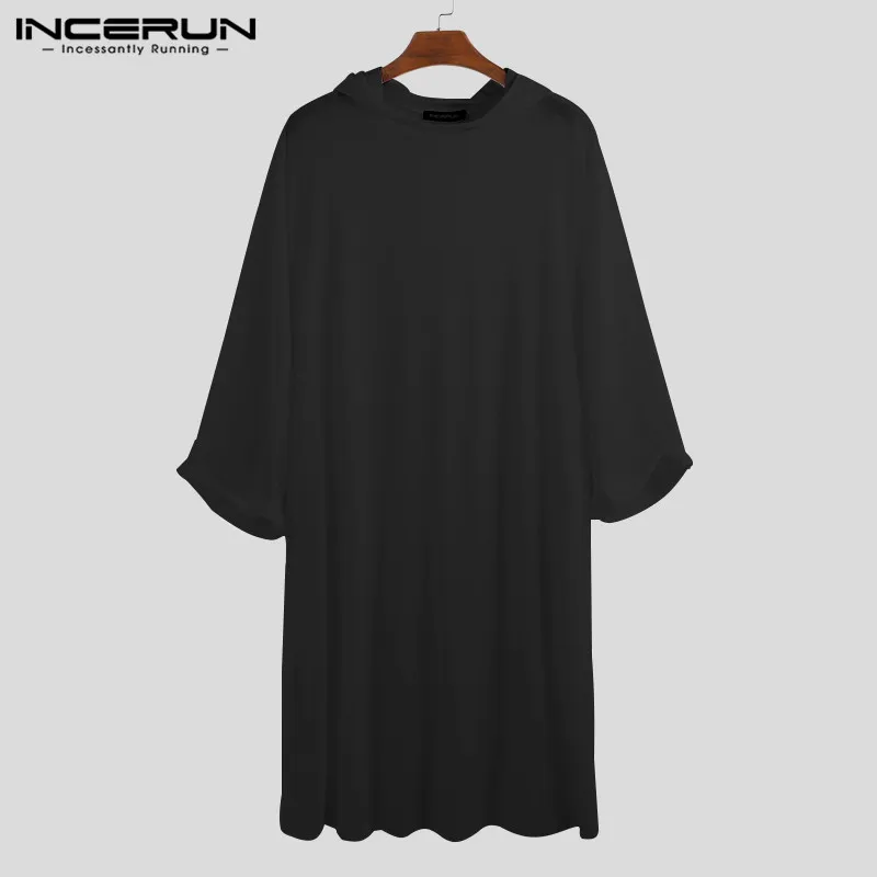 INCERUN/Мужская мусульманская кафтан, мусульманская одежда, свободная однотонная одежда с капюшоном и длинными рукавами, Саудовская Аравия Дубай, халаты для мужчин, jubba tobe 5XL