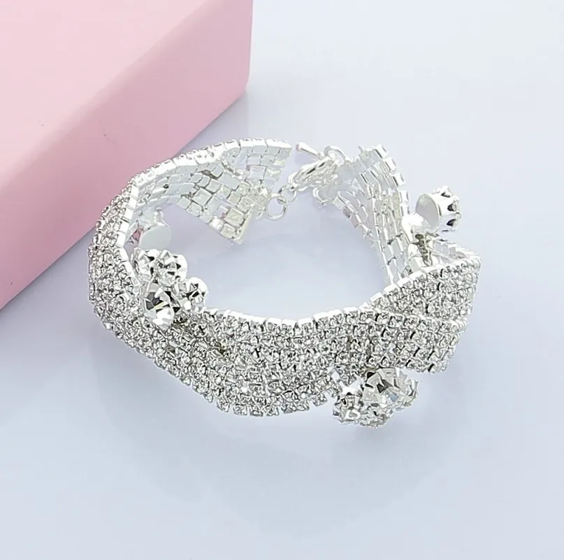 Free shipping! Min order 10 usd ! Wholesale silver plated beautiful crystal wide wedding bride jewelry bracelet WB18 | Украшения и