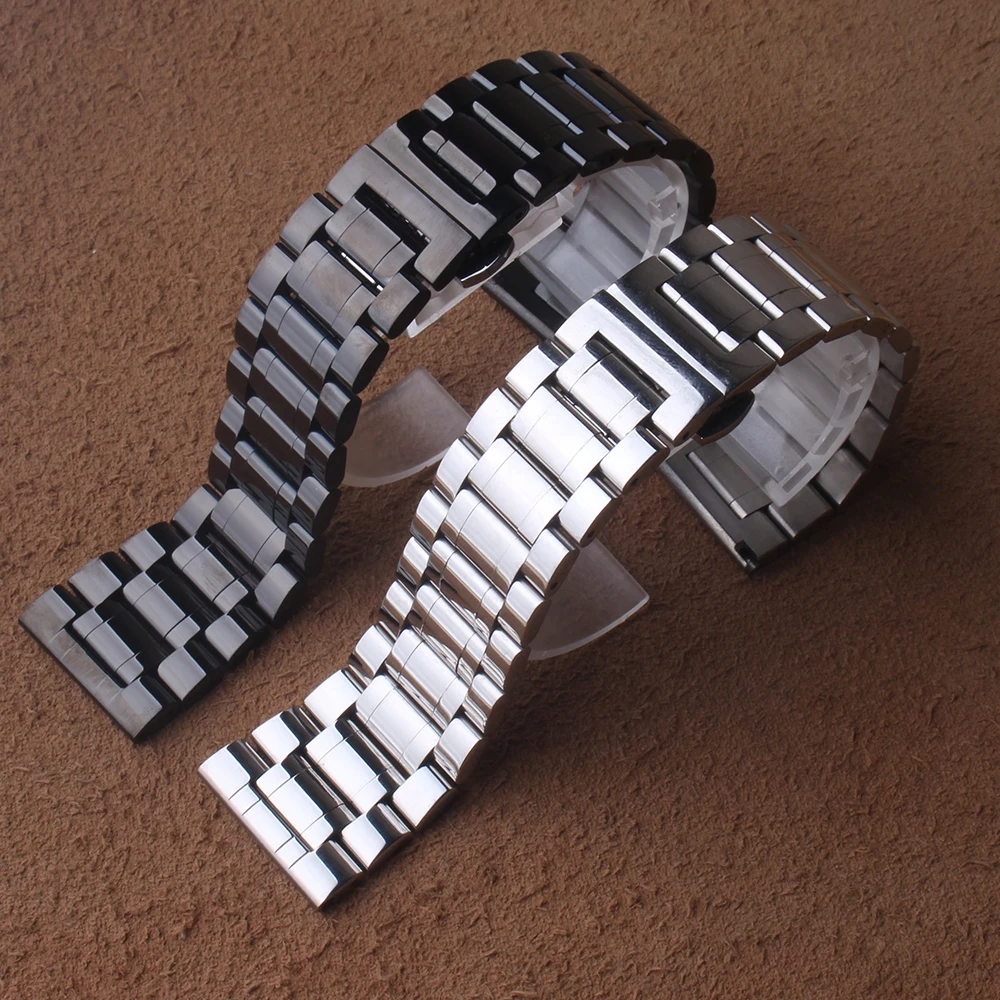 

High Quality Watch band 24mm 26mm 28mm 30mm Black Metal Stainless Steel Watchband BANDS Strap Bracelets Double Push Clasp Buckle