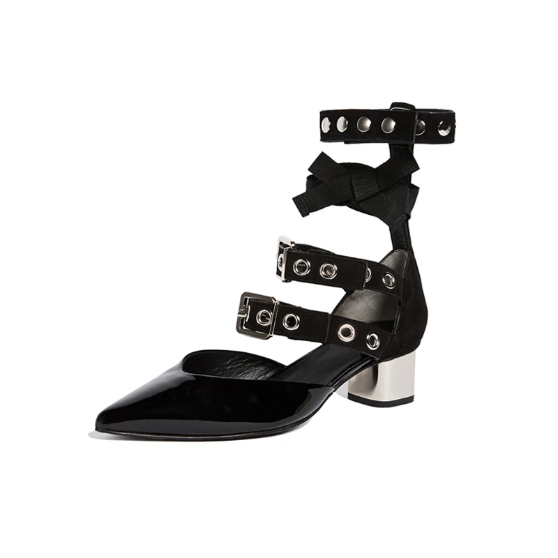 

high quality Mary Jane shoes 2022 summer autumn med heels pumps ankle strap mixed colors dress shoes punk metal decor sandals