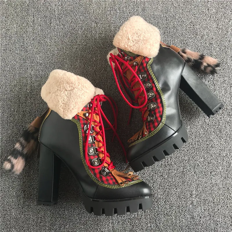 Зимние женские мотоциклетные сапоги на платформе и высоком каблуке 12 см; Botas Mujer; лоскутные шерстяные зимние сапоги с бахромой; ботильоны для женщин
