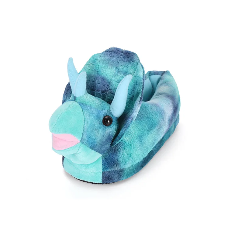 Triceratops Blue Тапочки унисекс с объемными животными; домашние тапочки в стиле трицератопса для взрослых и детей; цвет коричневый, розовый, синий; зимняя теплая короткая плюшевая домашняя обувь - Цвет: Triceratops Blue