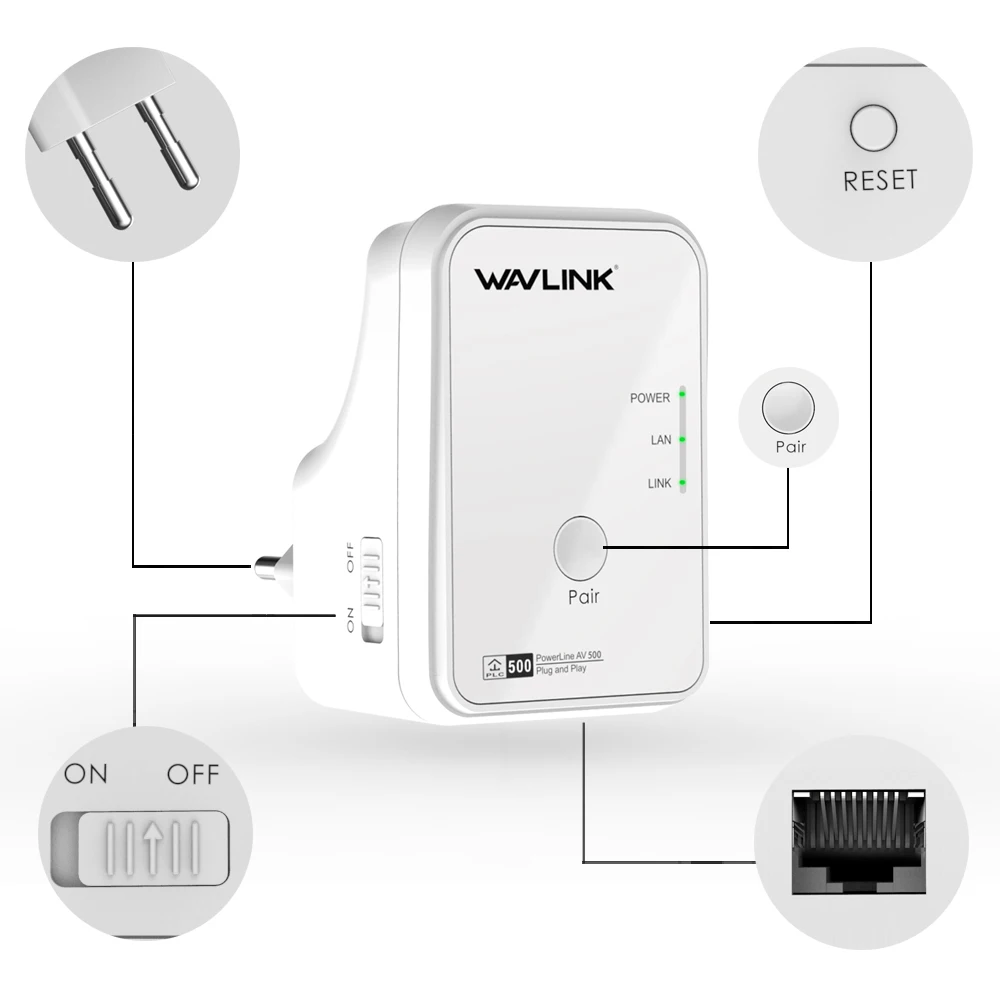 Wavlink 1 пара 500 Мбит/с сетевой адаптер питания Ethernet PLC Адаптер Комплект Homeplug AV Plug and Play IPTV линия питания AV500 EU/US