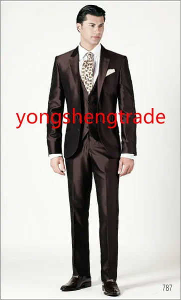 2015 роскошный коричневый Свадебный костюм из трех частей в шелковой Shantung ткани