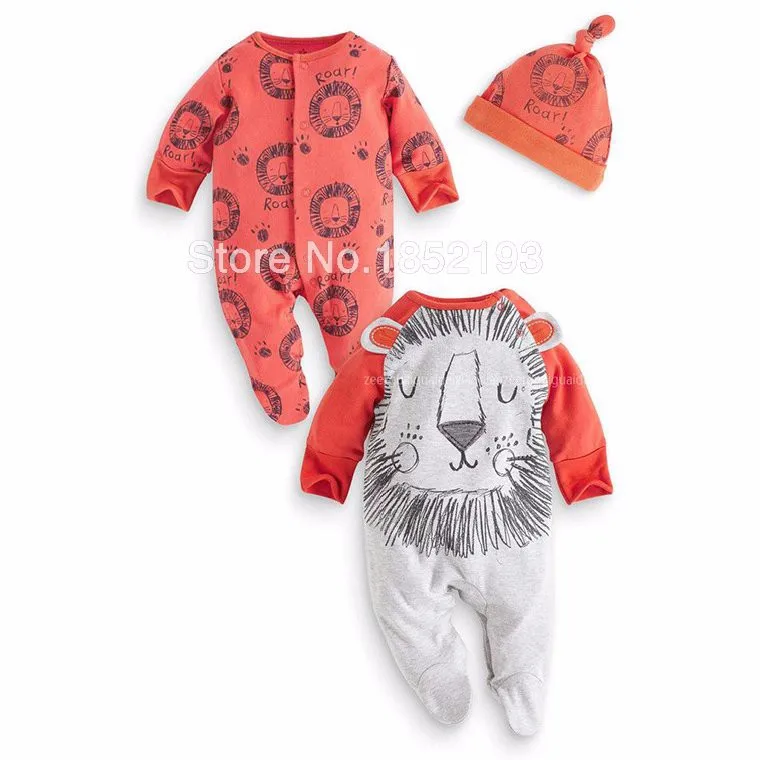 Lion no feetcover Детские пижамы из хлопка, 3 шт./компл., 2 комбинезоны+ шапочка, Одежда для младенцев, комбинезон для маленьких девочек и мальчиков, Комбинезоны для младенцев, детская одежда, нагрудник - Цвет: Lion no feetcover