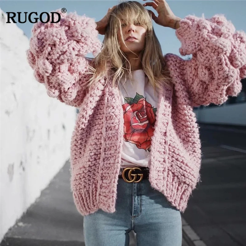 Новинка Свободный кардиган ручного вязания с рукавами фонариками RUGOD женский