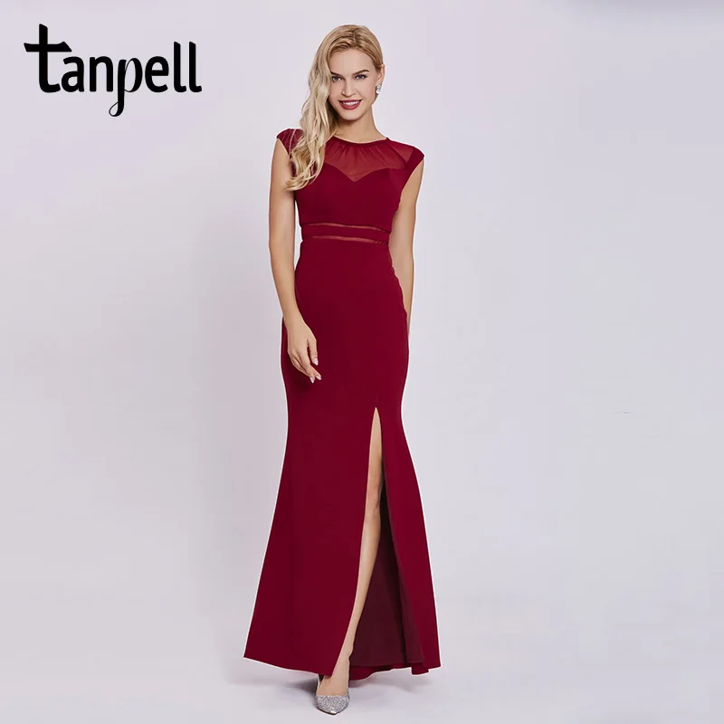 

Tanpell split front evening dress burgundy scoop neck sleeveless floor length sheath gown women prom long formal evening dresses