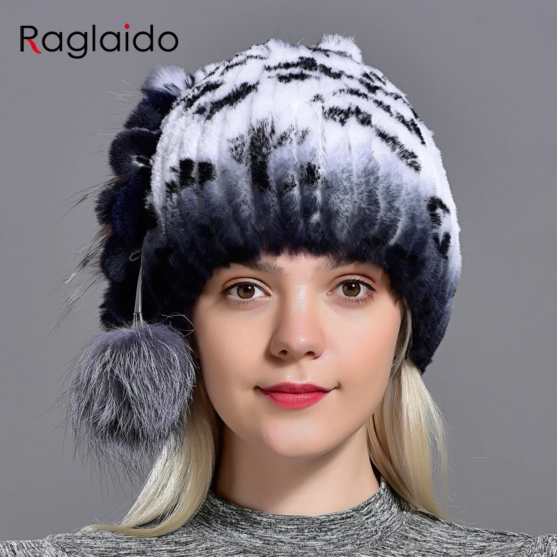 

Raglaido knitted rex rabbit fur hat+fox fur balls floral winter hats for women girls beanies caps elastic 55-59cm head LQ11238