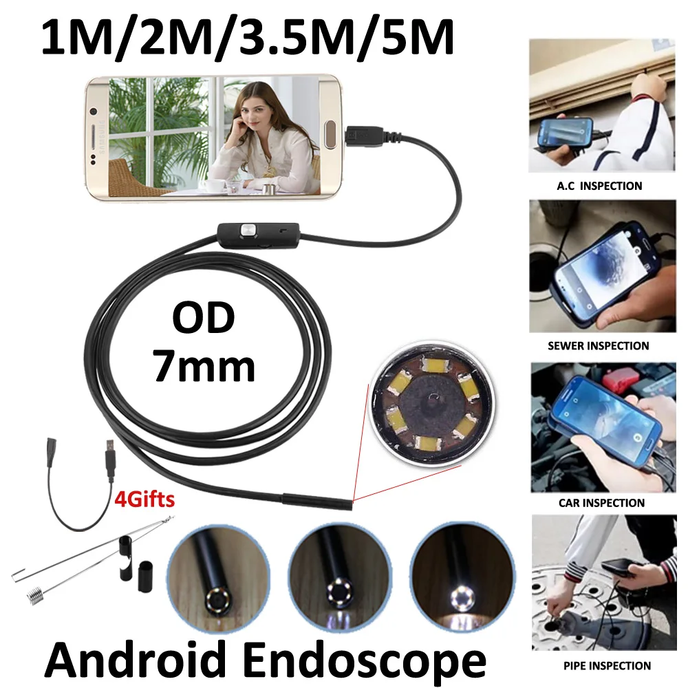 

5m 3.5m 2m 1m Micro USB Android Endoscope Camera 7mm Len Snake Pipe Inspection Camera Waterproof OTG Android USB Endoscopy