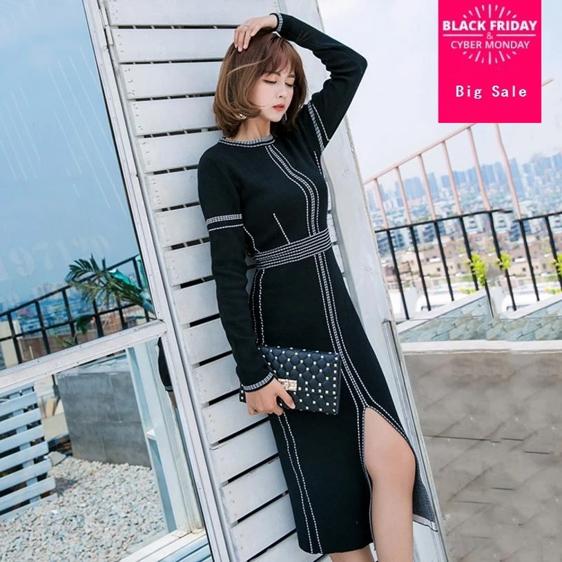 

2018 Spring fashion brand new womens Great quality knitting Irregular split dress Slim was thin long-sleeve knit dress L123