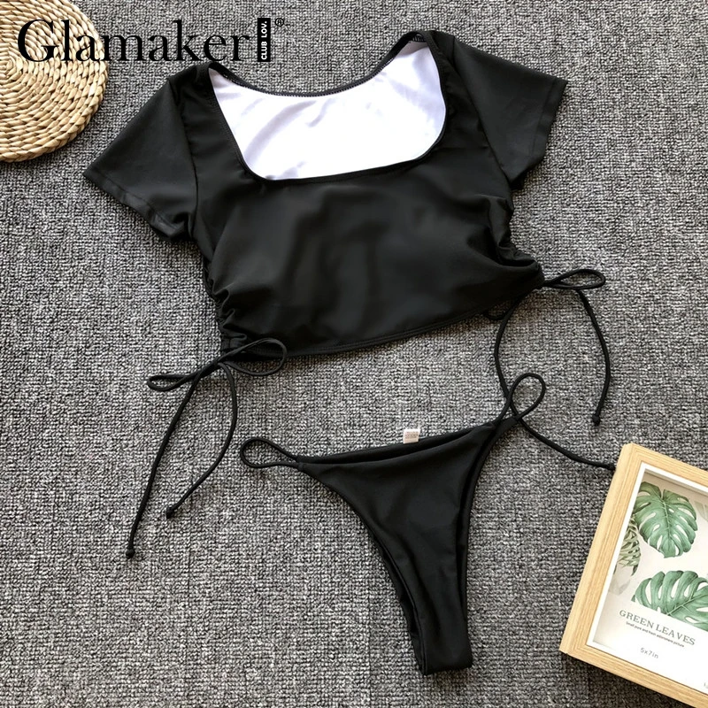 Glamaker сексуальные на шнуровке пляжный спортивные Боди женские летние стринги с высокой посадкой купальник женский пуш-ап раздельная футболка Боди Комбинезоны - Цвет: 1