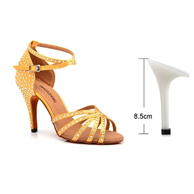 Yellow 8.5cm SHOYDANC/атласная обувь для латинских танцев желтого и синего цвета; женская обувь для бальных танцев со стразами; вечерние танцевальные босоножки для сальсы; обувь на каблуке 10 см - Цвет: Yellow 8.5cm