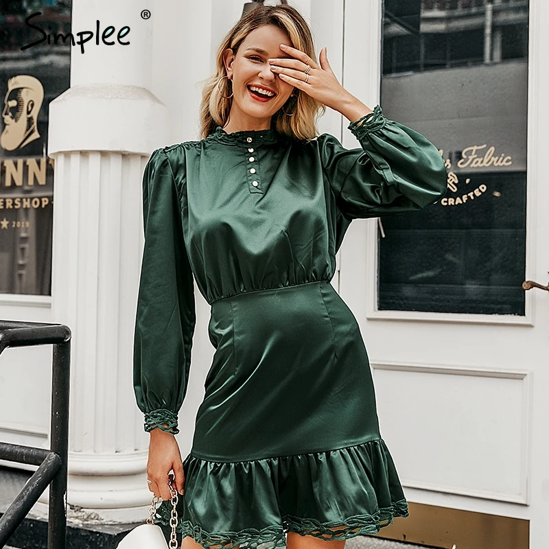 Simplee Vintage lace hem ruffled women dress Long sleeve stand neck mini ladies dresses High waist female autumn dress vestidos