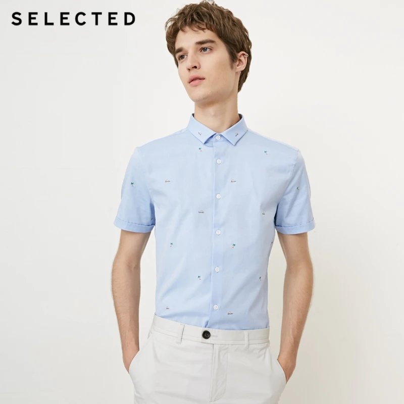 SELECTED Men's Summer 100% Cotton Embroidered Slim Fit Short-sleeved Shirt S|418204547 | Мужская одежда