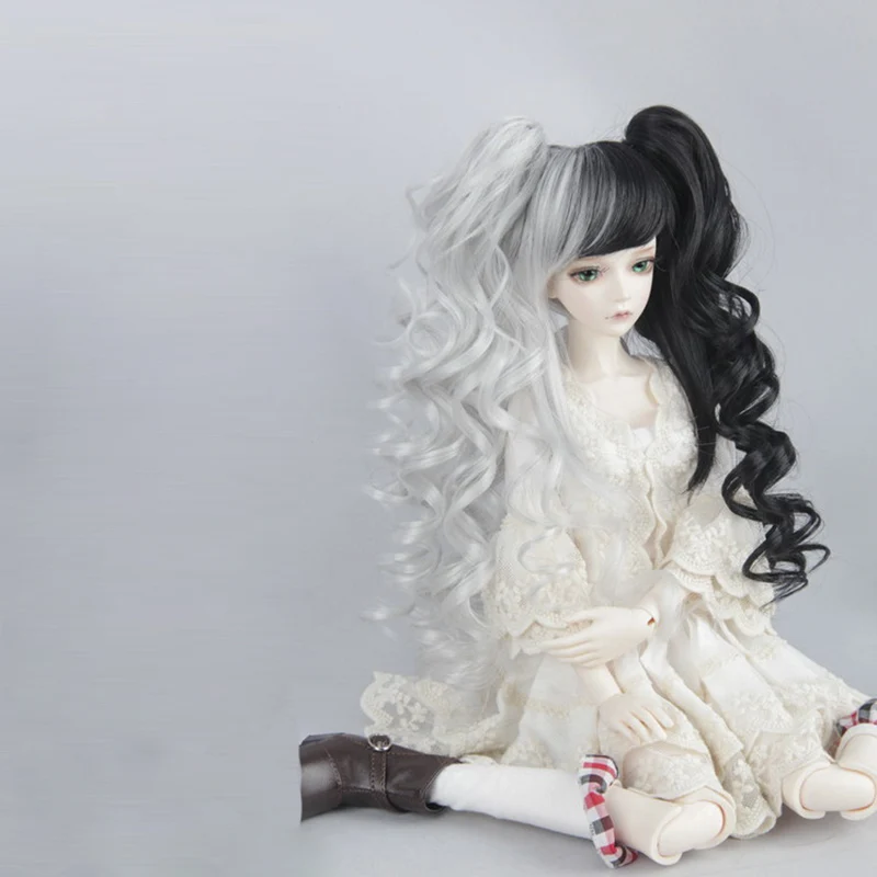 Парик Bybrana BJD для 1/3, 1/4, 1/6, высокотемпературное волокно для девочек, черный и белый цвет, двойной конский хвост, кудрявые волосы для кукол