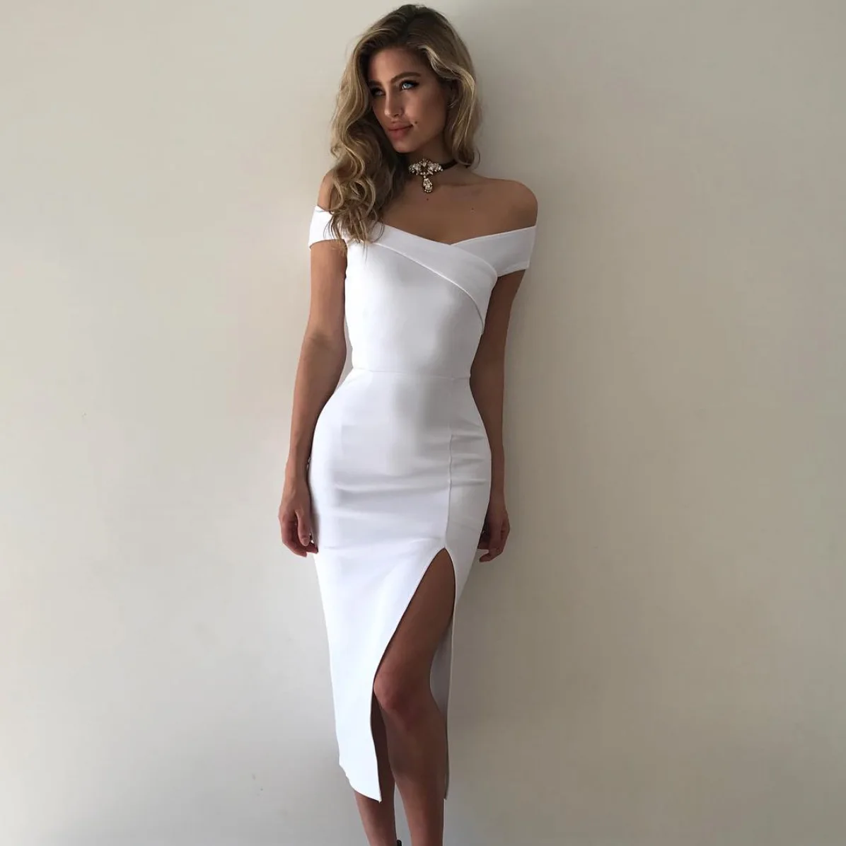 

2018 Fashion Sexy Women Dress Summer Solid Slash Neck Off the Shoulder Casual Pencil Dresses Female