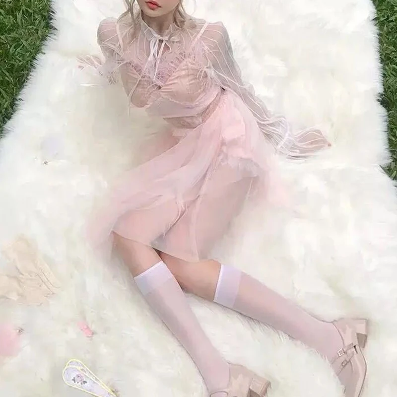 Японский стиль INS простой белый комплект чулки до колена прозрачные женские