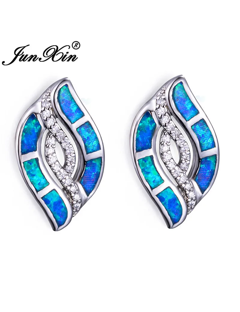 Blue Opal Earrings JUNXIN милые в виде листьев деревьев серьги гвоздики синий белый огонь опаловые серьги для женщин 925 серебристого цвета Бохо Свадебные Двойные серьги - Окраска металла: Blue Opal Earrings