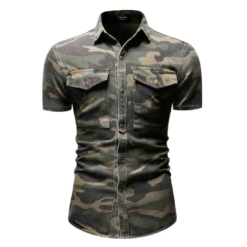 New Men's Shirts Men's Casual Camouflag Slim Fit Button Shirt Pocket Short Sleeve Tops Blouse Blouses Top