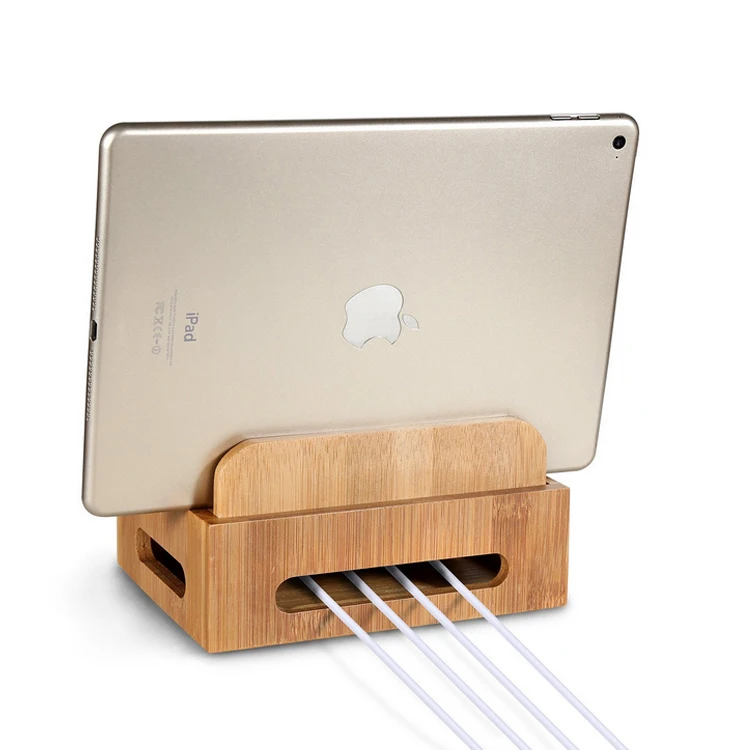 Бамбук Стенд Multi устройство Desktop Шнуры Организатор док станции зарядки Держатель