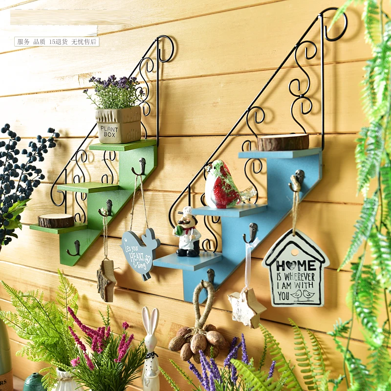 

American Postral Style Wooden & Iron Flower Wall Rack Multi-use Wall Storage Rack Wall Shelf w/3 Step Decorative Hanger