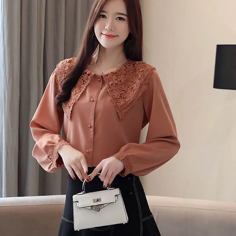 

Round neck women lace chiffon 2021 spring new clothing long sleeve Lady Puff Sleeve Women Fashion Chiffon blouse top 2443 50