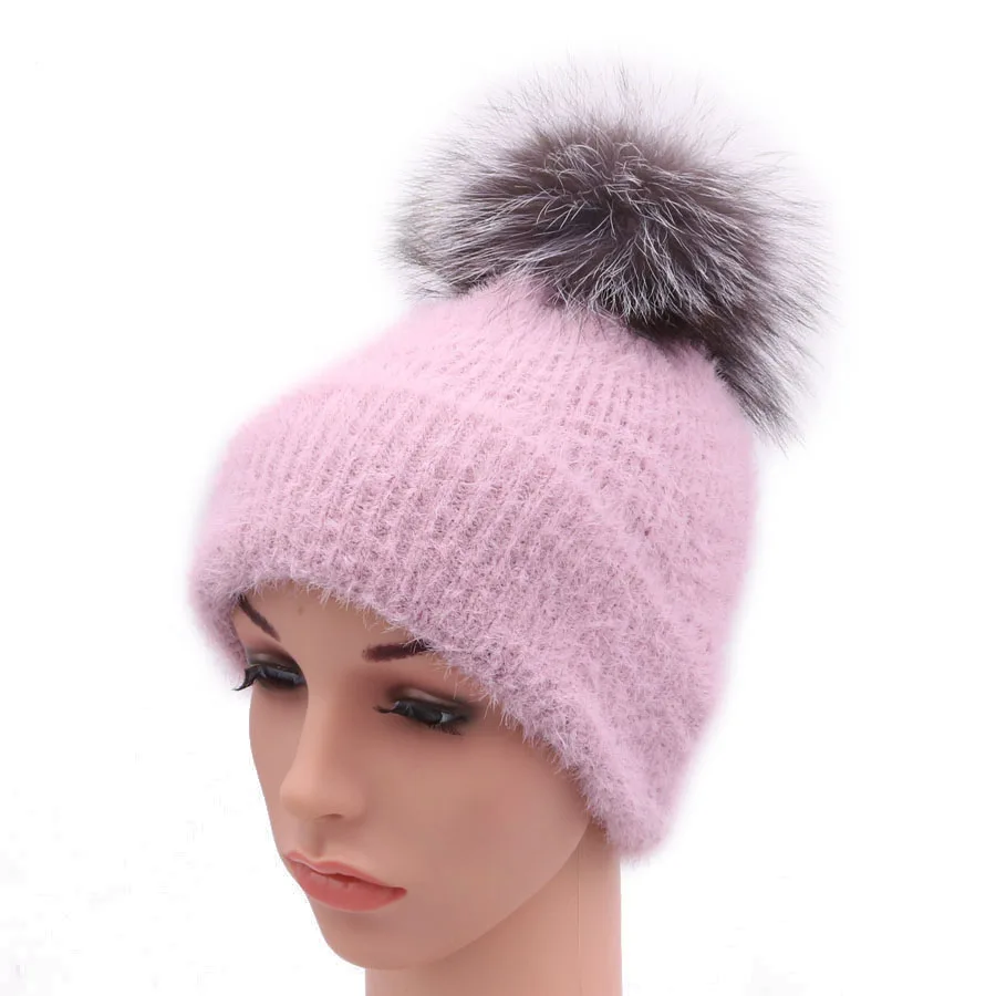 Purple - Fox Fur Зимние винтажные женские вязаные шапки из искусственного меха норки, дамские шапочки, шапки с натуральным мехом серебристой лисы, женская теплая шапка, новое поступление - Цвет: Purple - Fox Fur