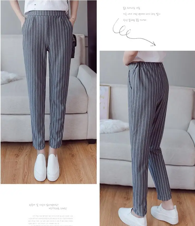 

Qooth England Style Striped Pants Women's Elastic Waist Strip Ankle-Length Pencil Pants 2018 Spring New Arrival Trousers QH1078