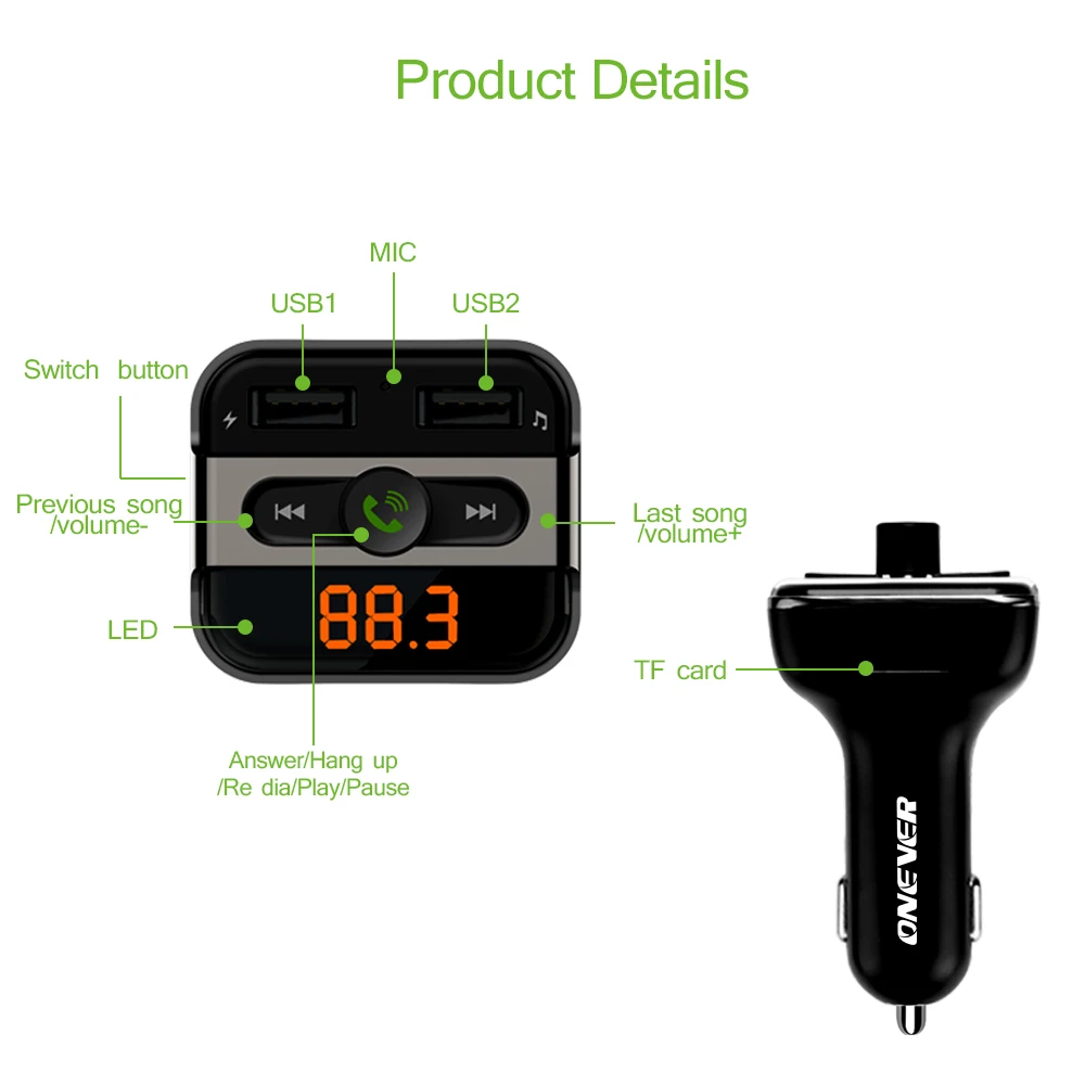 Onever FM передатчик Bluetooth Handsfree Car Kit автомобильный аудио MP3 плеер с 3.4A Quick Charge двойной зарядное устройство USB Поддержка A2DP