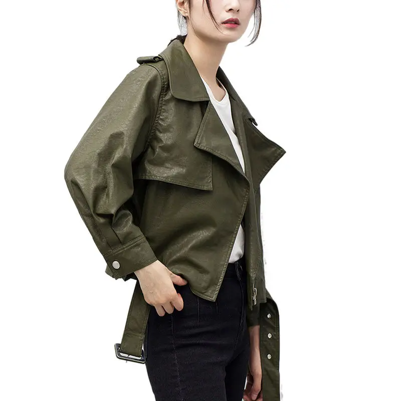Женская кожаная куртка черная мягкая зеленая PY35 на весну и осень 2020 | одежда