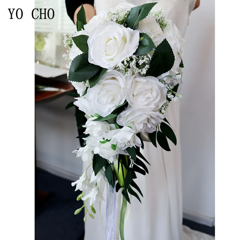 

YO CHO Bride Wedding Bouquet Bridesmaid Waterfall Wedding Flower Vintage Rose Flower Marriage Party Supplies Luxurious Bouquet