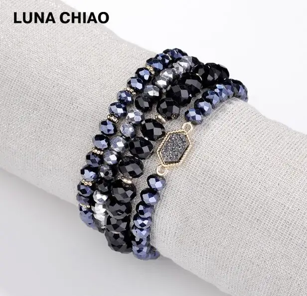 Black LUNA CHIAO модный растягивающийся Комплект браслетов из 6 цветов с кристаллами и бусинами - Окраска металла: Black