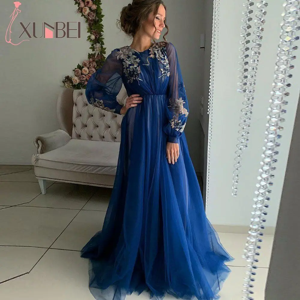 Robe de soiree Дубай Королевская Синяя Длинные рукава Вечерние платья 2019 Abiye Золотые